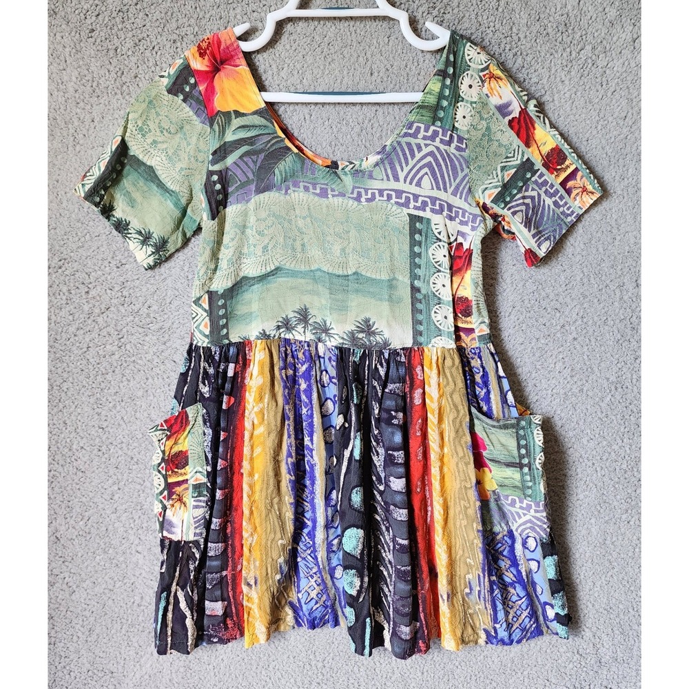 Jams World Mini Dress Size Small Multicolor Tropical Patchwork Scoop Neck Pocket